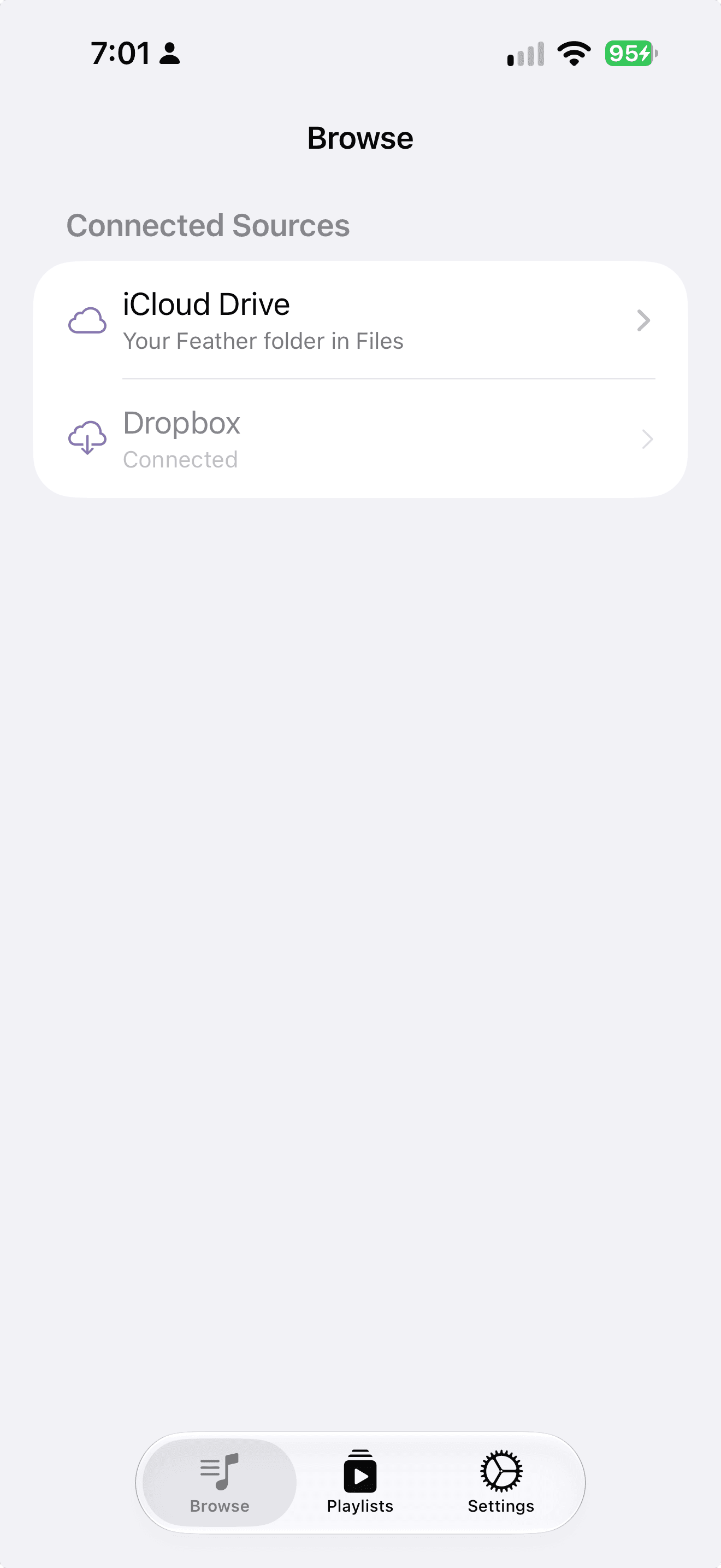 Browse screen showing iCloud Drive and Dropbox as connected sources