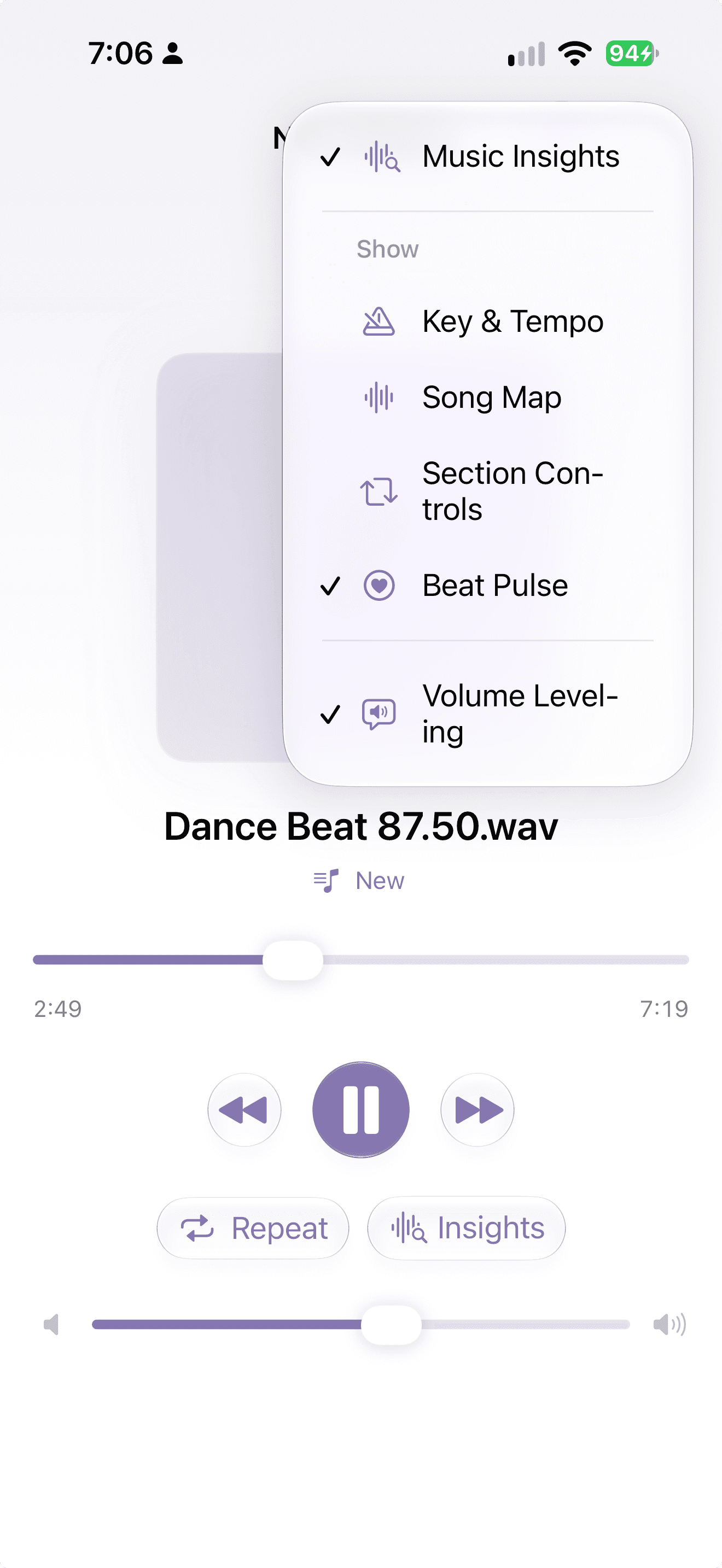 Music Insights options menu